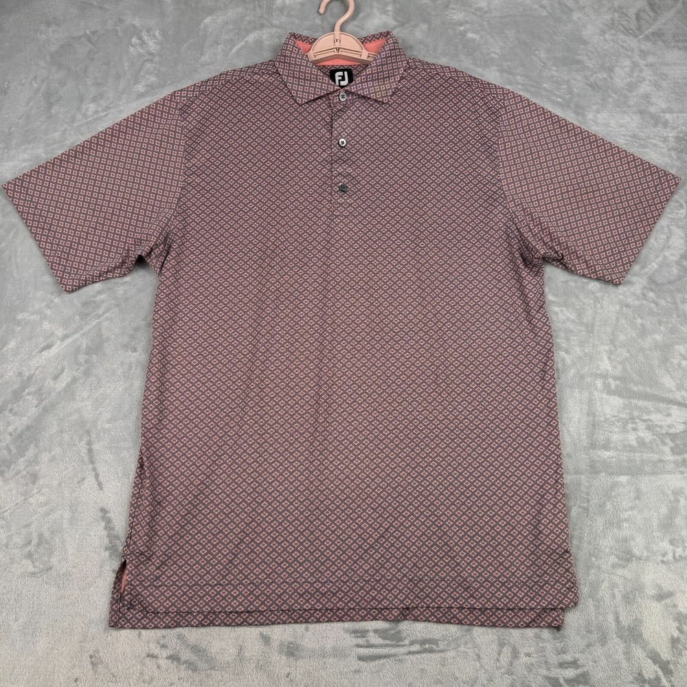 Footjoy Polo Men Large Orange Geometric Short Sleeve Shirt Golf Polyester Spande